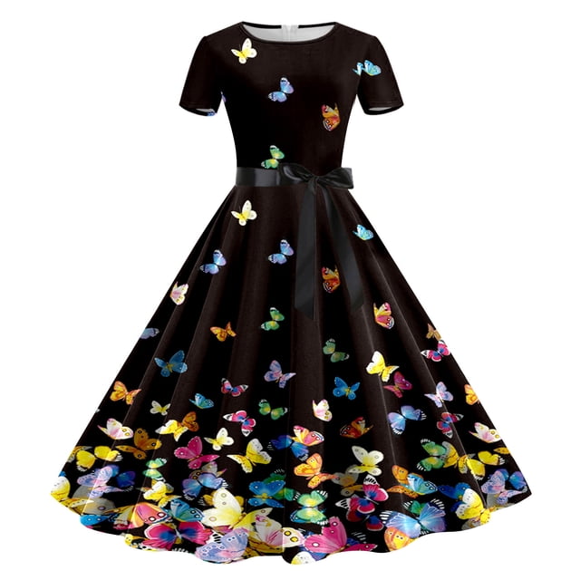 WILLBEST Robe Grise pour Femmes Femmes Imprimé Col Rond Manche Courte Robe de Soirée Bal des Années 1950