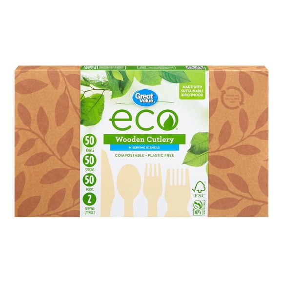 Great Value Eco Wooden Cutlery Plus Serving Utensils, 152 Pieces