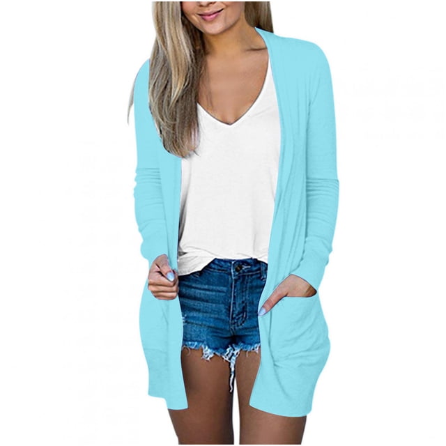 AherBiu Womens Cardigan Tops Long Sleeve Open Front Mid-Long Outwear with Pockets Spring Clothes