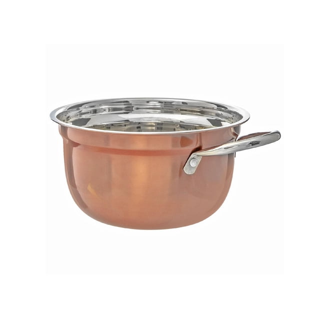 German Bowl With Handle in metallic rose stainless steel with polished silver interior, measuring 10.67 by 6.81 by 3.74 inches, designed for mixing and cooking, featuring side handles for easy carrying, suitable as a kitchen mixing bowl and accessory.