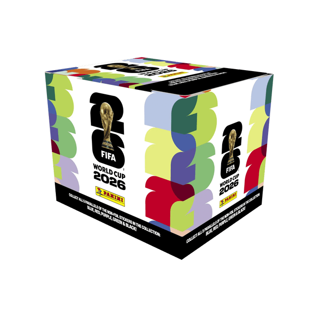 Boîte Officielle de Collection d'Autocollants Coupe du Monde de la FIFA 2026TM 50 Ct Autocollants Photo de Produit Face vers l'Avant de la Boîte Officielle de Collectionneur Contenant 50 Paquets d'Autocollants (7 Autocollants par Paquet); Boîte Rectangulaire d'Art Mettant en Vedette des Autocollants style Carte à Échanger avec des images de Joueurs et des Détails d'Équipe pour Construire un album Complet de Coupe du Monde, Souvent Utilisé comme Ensemble de Collectionneur pour Exposer Ou Compléter des collections.