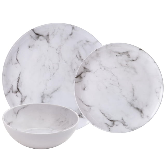 Safdie & Co. Shiny Marble Melamine Dinnerware 12PC Set White with a large dinner plate, salad plate, and bowl, all featuring a white and gray marble pattern with a glossy finish, made from durable, lightweight melamine that is dishwasher safe and suitable for indoor and outdoor dining.