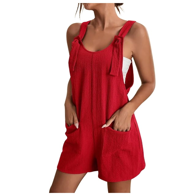 yoeyez Combinaisons et Salopettes pour Femmes pour l'Été, Combinaisons à Bretelles Ajustables Unies pour Femmes Sans Manches à Col Rond, Combishorts Salopettes avec Poches Rouge, TG