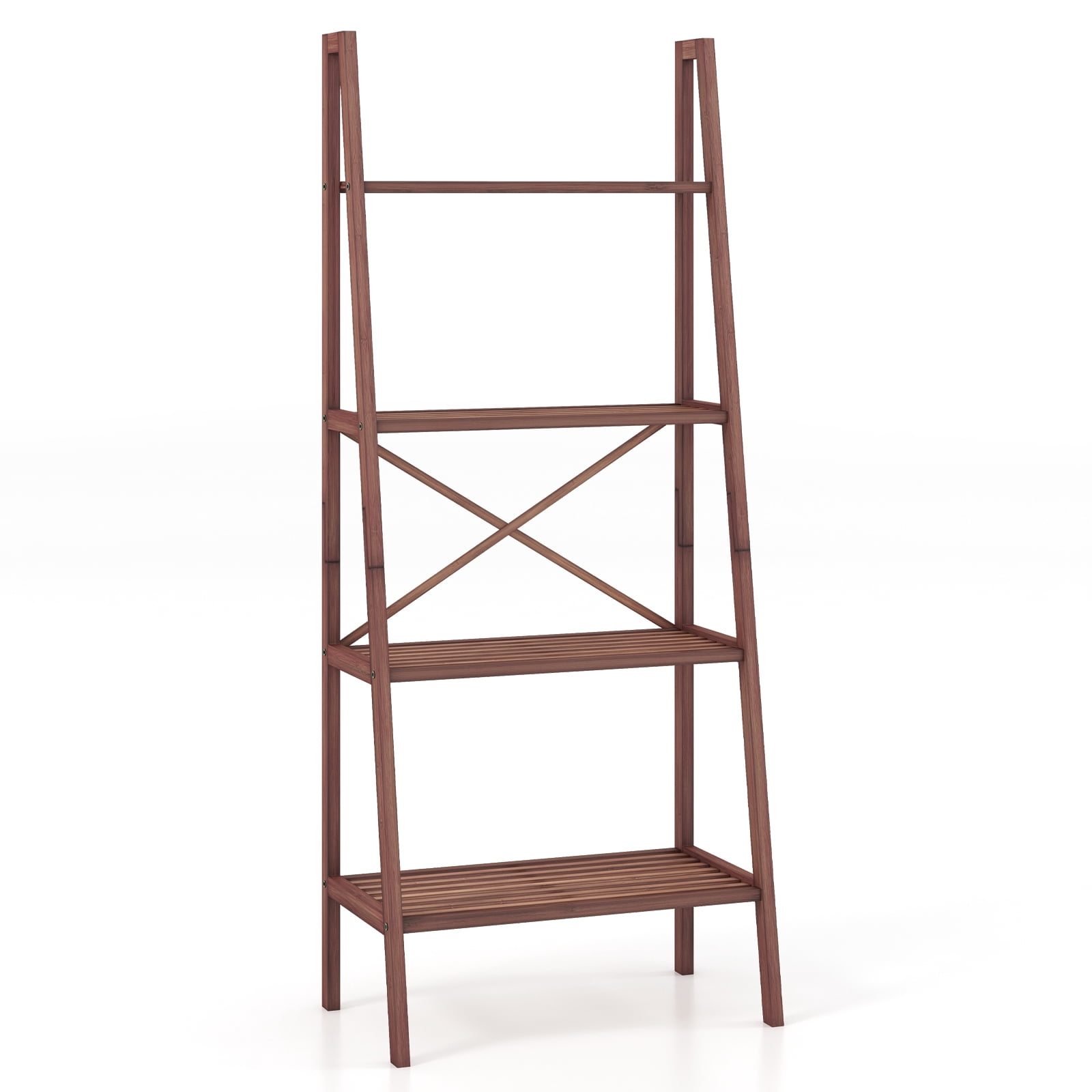 Patiojoy 4-Tier Bamboo Ladder Bookshelf Rustic Bookcase Floor Standing Shelving Unit Book Shelf Storage Organizer 1pc