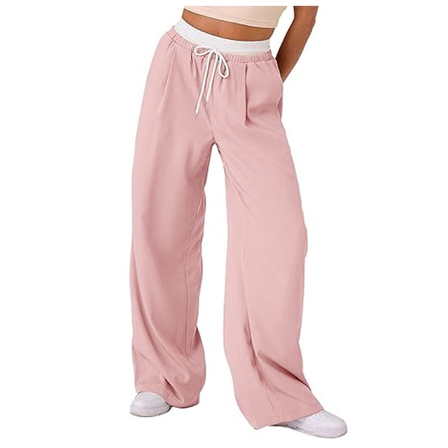 YFELWZ Women's Plus Size Color Contrast Draw Rope Casual Wide Leg Pocket Straight Leg Loose Wide Leg Pants Pink S