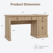 Kojooin 54 in Fluted Home Office Desk with Storage, Wooden Computer Desk with Charging Station and Drawers