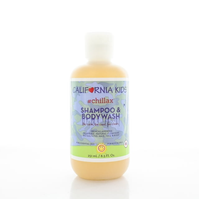 California Baby Kids Chillax Shampoo & Bodywash 251ml 8.5oz bottle with a lavender-themed label featuring camouflage patterns and text highlighting its tea tree and natural cleansers. Gentle formula designed for hair and body care, suitable for boys and girls.