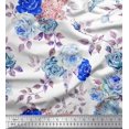 thumbnail image 1 of Soimoi Tissu Satin de Soie Bleu Imprimé Feuilles & Roses au Mètre 42 Pouces de Large, 1 of 3
