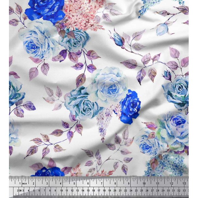 Soimoi Tissu Satin de Soie Bleu Imprimé Feuilles & Roses au Mètre 42 Pouces de Large
