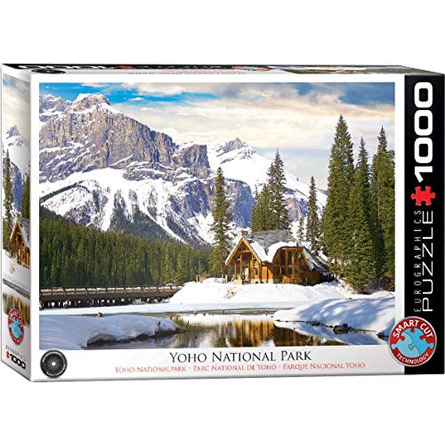 Eurographics Yoho National Park British Columbia 1000-piece jigsaw puzzle showcasing a picturesque view of snow-capped Rocky Mountains, a wooden cabin by a serene lake, and lush evergreen trees. The puzzle box measures 10 x 14 x 2.37 inches, and the completed puzzle size is 19.25 x 26.5 inches. Multicolour design highlighting the natural beauty of Yoho National Park in eastern British Columbia, Canada.