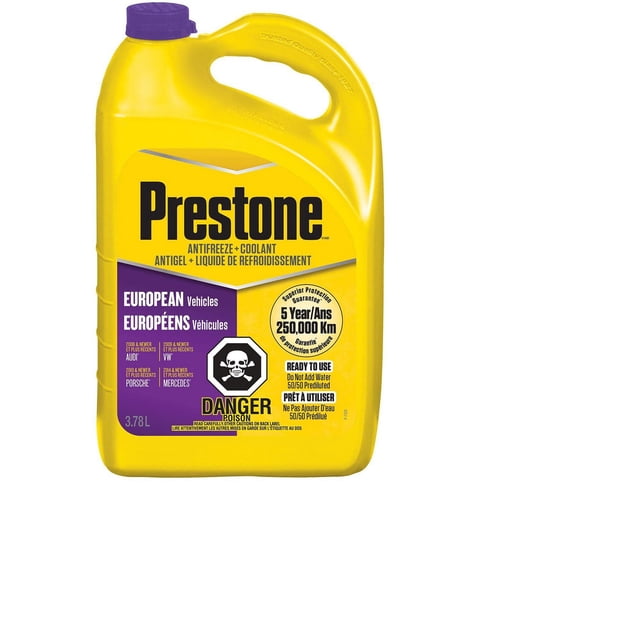 Prestone Max Antigel + Liquide de Refroidissement RTU Violet Contenant Jaune de 3,78 L avec Bouchon Violet, Formulé pour les Véhicules Européens Incluant Audi, VW, Porsche et Mercedes, Offrant une protection contre la corrosion jusqu'à 5 Ans Ou 250 000 km, Prêt à l'Emploi Antigel et Liquide de Refroidissement Prédilué à 50/50 avec Étiquette d'Avertissement de poison.