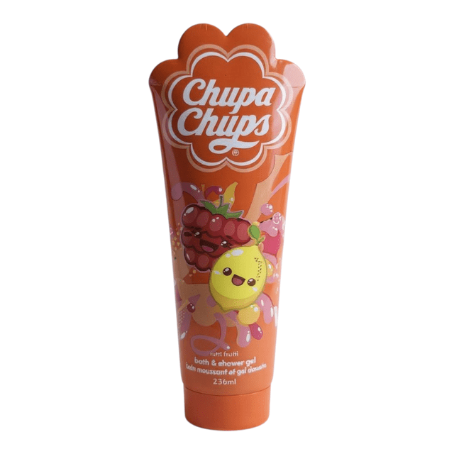 Chupa Chups Bath & Shower Gel, Tutti Frutti Scent, 236ml, Orange front-facing orange 236ml easy-squeeze tube displaying the Chupa Chups logo and playful printed fruit characters; tutti frutti fragrance label, for shower or kids' bath and suitable for travel kits.