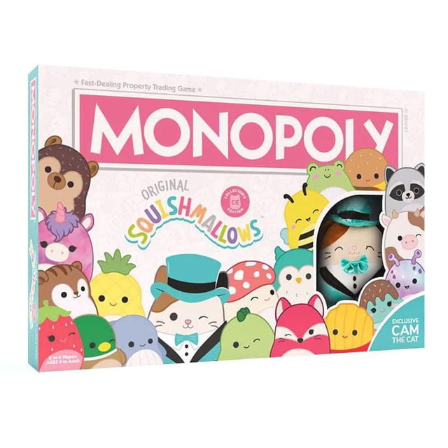 USAopoly MONOPOLY: Original Squishmallows Collector's Edition board game box showing colorful Squishmallows characters around the edges and a window featuring the exclusive Cam the Cat plush in a teal top hat and bow tie, designed for 2-6 players ages 8 and up with custom Squishmallows tokens for property trading gameplay.