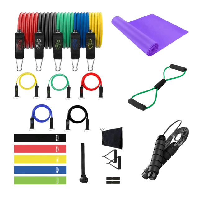 All-in-One Fitness Training Kit: 10 Colored Resistance Bands (5-30 lbs), Figure-8 Resistance Rope with Foam Handles, Steel Wire Jump Rope, 5 Standard Resistance Rings, Purple Yoga Band, Door Hook,