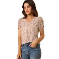 thumbnail image 1 of Unique Bargains Blouse Florale pour Femmes V Cou Détendre Hauts à Manches Courtes, 1 of 6