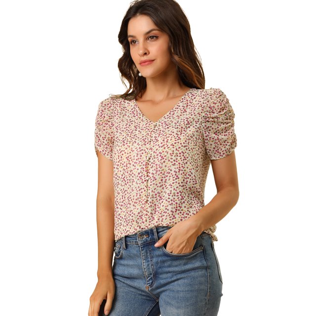 Unique Bargains Blouse Florale pour Femmes V Cou Détendre Hauts à Manches Courtes