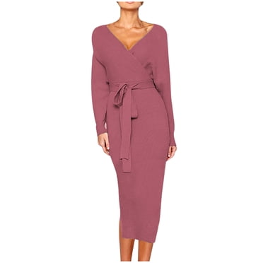 Pisexur Women's V Neck Sweater Dress Casual Batwing Sleeve Wrap Front Backless Tie Waist Bodycon Dress with Belt Slit