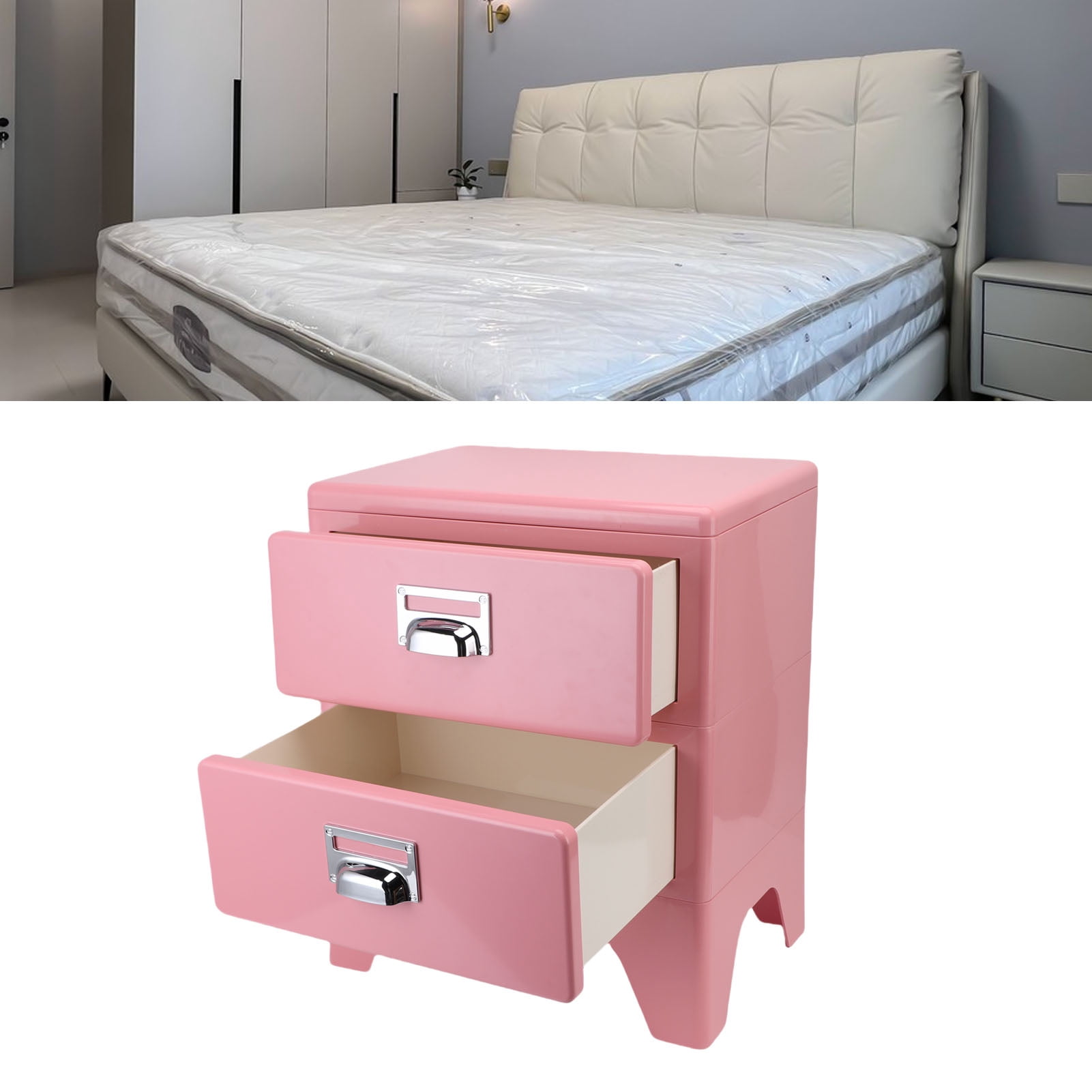 Nightstand, Bedside End Table Vintage Multifunctional 2 Drawers  for Living Room