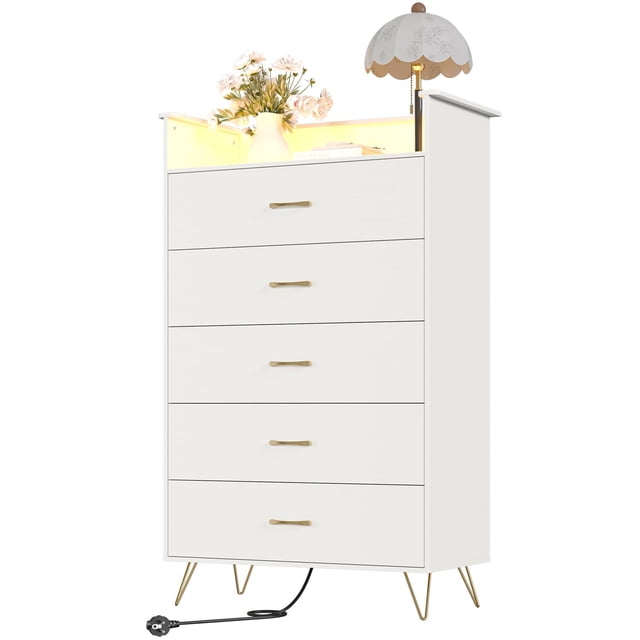 Commode à 5 Tiroirs avec Lumières DEL et Station de Recharge – Haute Commode en Bois Blanche, Éclairage RVB Moderne Contrôlé par Application, Armoire de Rangement pour Chambre, Table de Chevet Étroite, Couleur : Blanc
