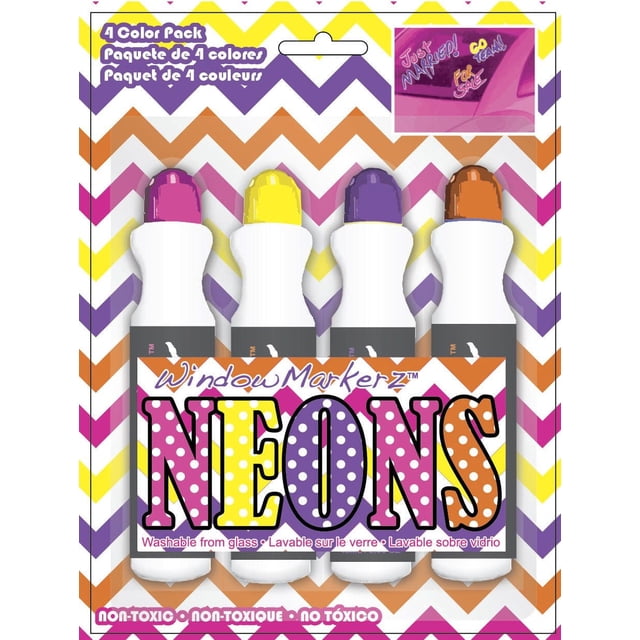 Chroma Marqueur de Fenêtre Graphics, Lot de 4 Couleurs avec Quatre Marqueurs Néon Non Toxiques en Rose, Jaune, Violet et orange, Conçu pour une Utilisation Lavable sur les surfaces en Verre, Idéal pour les Ventes de Véhicules Ou la Décoration d'Événements, Montré dans l'Emballage avec Lettrage à Pois et Fond à Motif chevron.