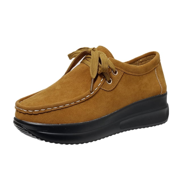 Chaussures de Course Femme Bout Rond à Lacets à Enfiler Semelle Épaisse Talon Compensé Mocassins Uni