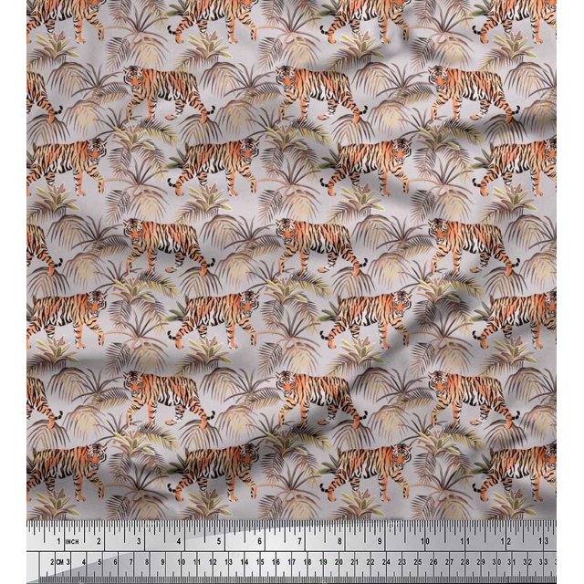 Soimoi Poly Georgette Fabric Leaves & Tiger Jungle Print Fabric by Yard 52 Inch Wide