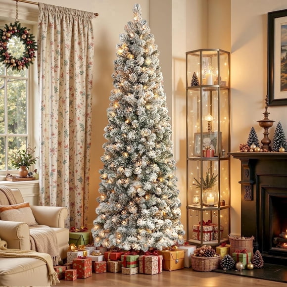 Lolsea Arbre de Noël Artificiel Crayon Enneigé de 7 Pieds Prééclairé avec Lumières Blanc Chaud, Extrémités à Branches Complètes, Choix Parfait pour la Décoration des Fêtes de Noël