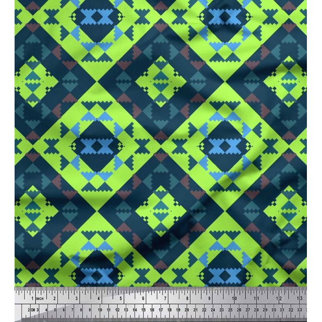Soimoi Green Cotton Cambric Fabric Check & Geometric Print Fabric by the Yard 42 Inch Wide