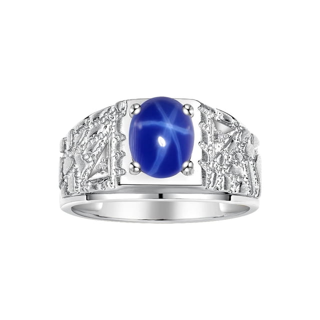 RYLOS Men's Rings Sterling Silver Designer Nugget Ring Oval 9X7MM Gemstone & Diamonds Blue Star Sapphire Birthstone Rings For Man Size 9