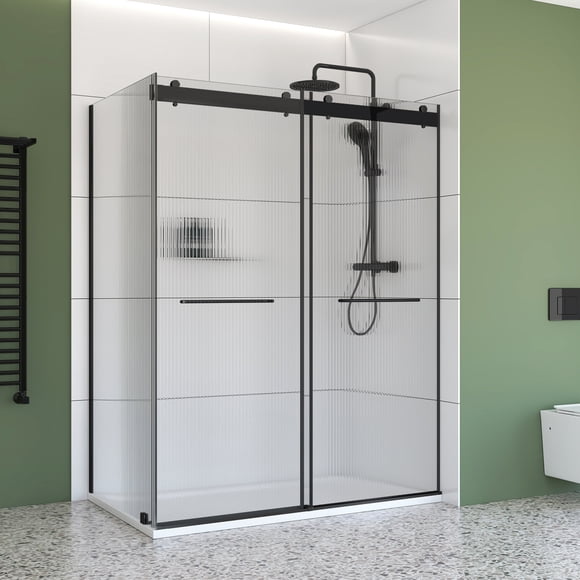 48" x 36" Black Corner Sliding Shower Kit – Frameless Double Bypass Doors with 6 mm Fluted Tempered Glass, Right-Hand Installation & SMC Base