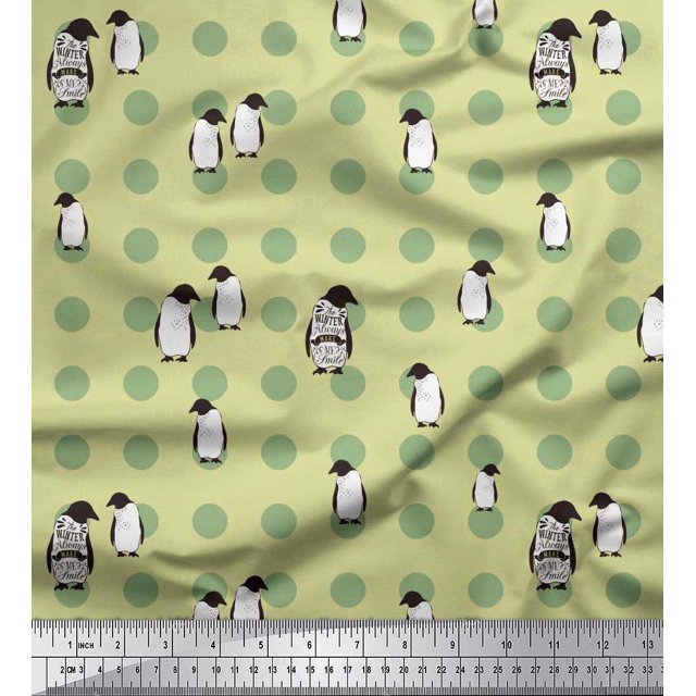 Soimoi polyester Crepe Fabric Dot & Penguin Ocean Print Fabric by the Yard 52 Inch Wide