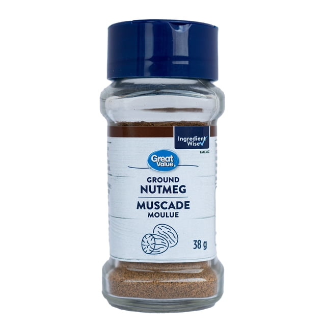 Great Value Ground Nutmeg 38g in a clear plastic bottle with a blue lid and white label featuring nutmeg illustrations, a finely ground spice ideal for seasoning sweet and savory dishes such as pastries, sauces, and soups.