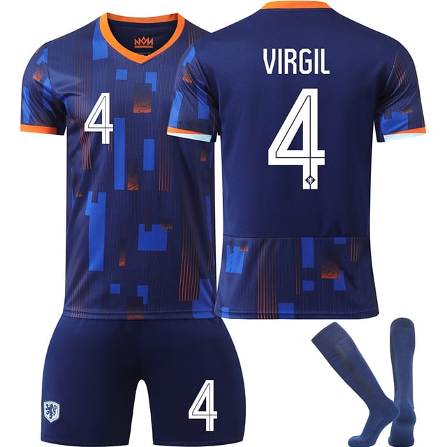 Netherlands Blue Van Dijk Football Jersey Set featuring jersey, shorts, and socks. The jersey displays the number 4 on the front and back, with 'Virgil' printed above the number on the back. Designed in a blue geometric pattern with orange accents, suitable for adults and children in sizes 150-160 cm.