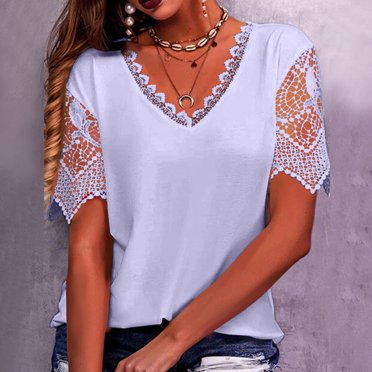 UANWENN Women's Loose V Neck T Shirt Shirt with Lace Stitching Clothes Hide Tummy Workout Pack Neck Tee Shirt Casual Women's Tops Short Sleeve Shirts Women Snow Long Sleeve Shirts Women Womens Medium