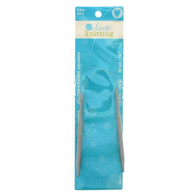 Love Knitting Circular Knitting Needles, 16 in (40 cm), aluminum, size 5 mm US 8, in blue packaging with white text, featuring smooth aluminum needles connected by a short flexible cable, designed for small in-the-round knitting projects such as hats, sleeves, and necklines.
