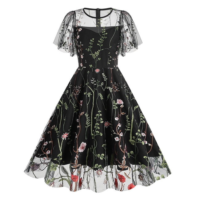 Meichang Robe Trapèze en Maille pour Femme, Robe Midi Rétro à Fleurs Évasée, Tunique Mode à Manches Courtes, Col Ras du Cou, Robe d'Été Évasée pour Église, Invitée de Mariage, Travail