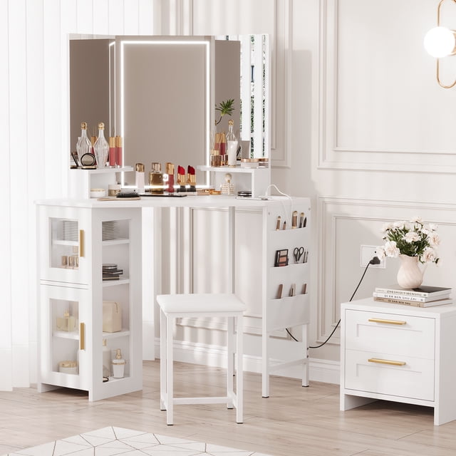 Yiwa Corner Vanity Table with LED Mirror, 3-Fold Mirror, Power Station, USB Outlets, and Stool for Bedroom