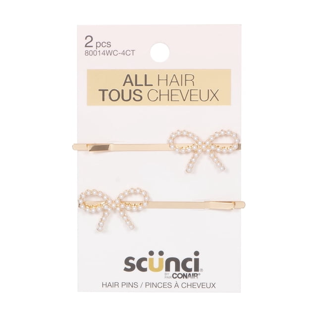 Scunci 2 Pk Nœud Bobby Pins avec Deux Épingles à Cheveux Ton Or avec des Motifs de Nœud Incrustés de Perles sur une Carte de Dos Blanche, Accessoires pour Cheveux Idéaux pour Tous les types de Cheveux Qui Ajoutent un Style Sophistiqué et Charmant.
