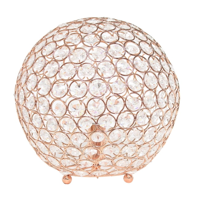 Elegant Designs Elipse 10 Inch Crystal Ball Sequin Table Lamp with rose gold finish, featuring a 10-inch diameter spherical frame threaded with steel rings holding clear faceted crystal sequins, standing on three small ball feet, suitable for elegant decorative lighting in bedrooms, offices, or entryways.