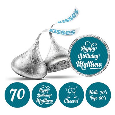 Darling Souvenir Cheers 70th Birthday Custom Name Stickers 190 Pcs Candy Labels Party Favor-Teal Blue