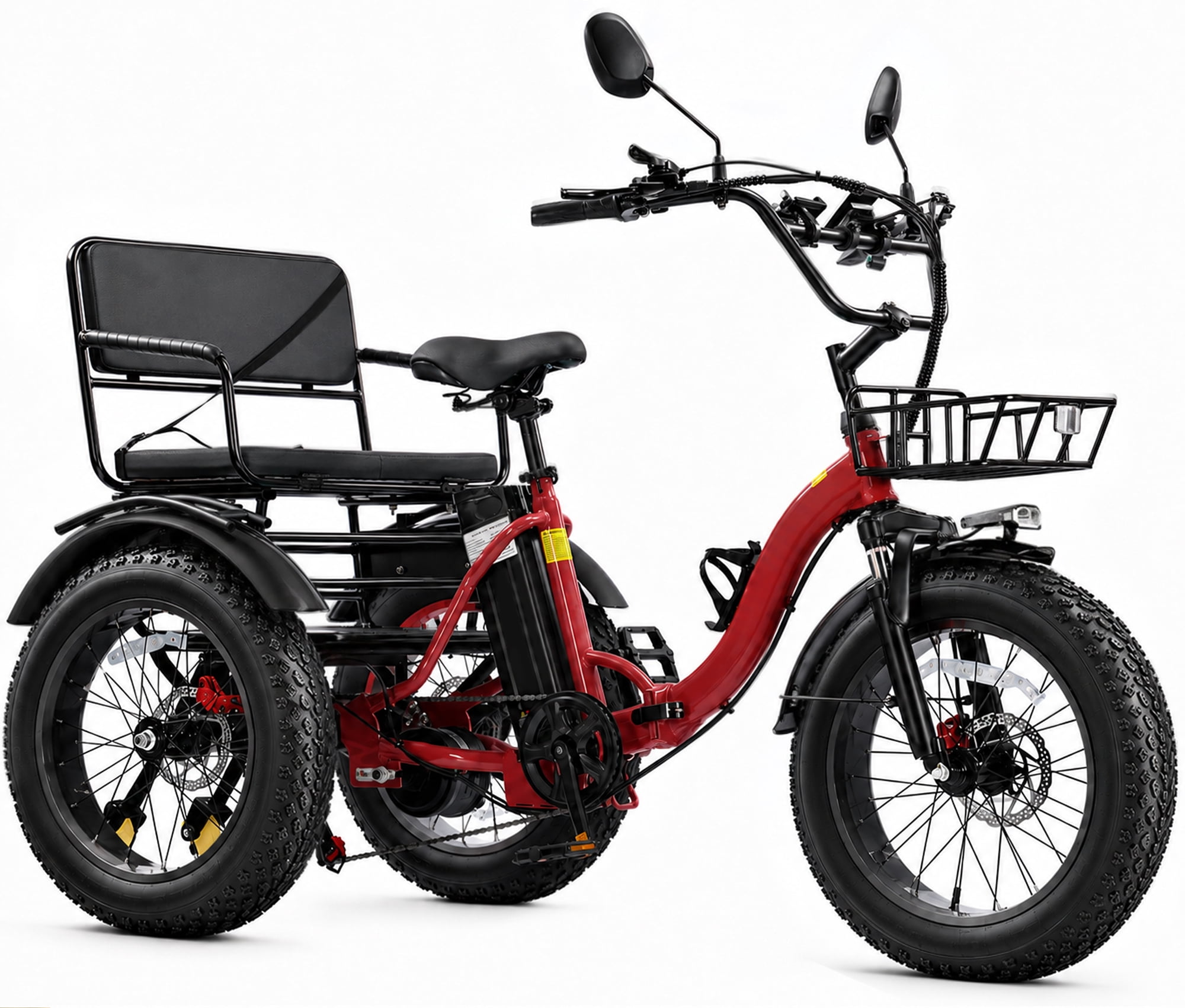 NOMIGO Two Seater Electric Tricycle Pre-assembled 7 Speed 3 Wheel Electric Bicycle Max 20MPH 20*4.0" Fat Tire W/ 48V 20Ah Lithium Battery 750W Motor Electric Tricycle for Adults with 2 Baskets Red