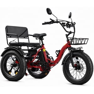 NOMIGO Tricycle électrique à deux coutures pré-assemblé 7 Vitesse 3 Vélo électrique de roue Max 20MPH Pneus gras de 20*4,0" W/ 48V 20Ah Batterie au lithium 750W Tricycle électrique pour adultes avec 2 Paniers Rouge