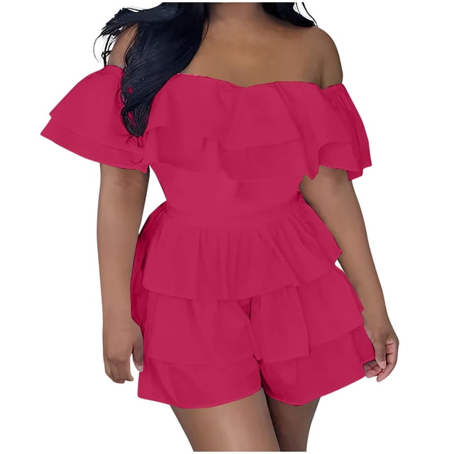 Lenpel Women's off Shoulder Rompers Trendy Cotton Ruffle Short Sleeve Tiered Summer Jumpsuits Casual Overall Shorts