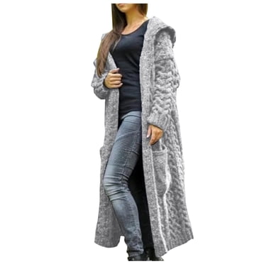 Cardigan Femme Chandail Femme Hiver Solide Tricoté Ample à Capuche Long Cardigan Chandail avec Poches Manteau à Capuche Femme Long Manteau d'Hiver