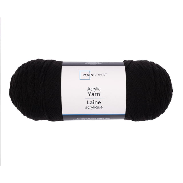 Mainstays Acrylic Yarn in black, medium worsted weight 7 oz skein with 397 yards, wrapped in a white label with the Mainstays logo and bilingual text, machine washable and ideal for hand knitting and crocheting apparel, accessories, and home decor.