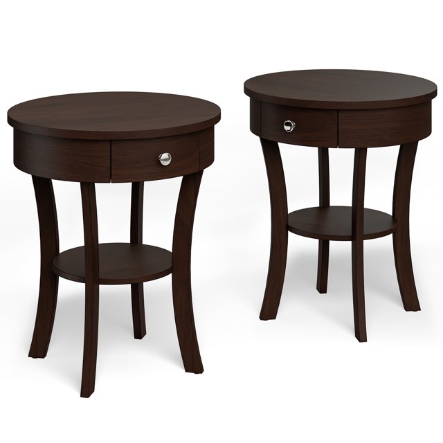 Costway 2 Pcs Table d'Appoint à 2 Niveaux Bout de Canapé Ronde Table de Nuit Chambre Salon Espresso