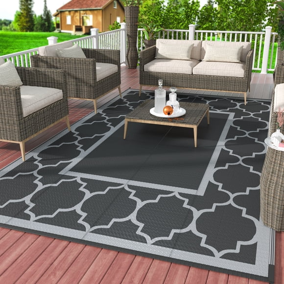 DEORAB Tapis d'Extérieur Réversible 6 X 9 Pi, Tapis de Patio en Liquidation, Tapis Extérieur en Plastique Imperméable, Tapis de Sol Pliable pour Patio, Camping, VR, Terrasse, Véranda, Balcon, Cour Arrière, Noir et Gris