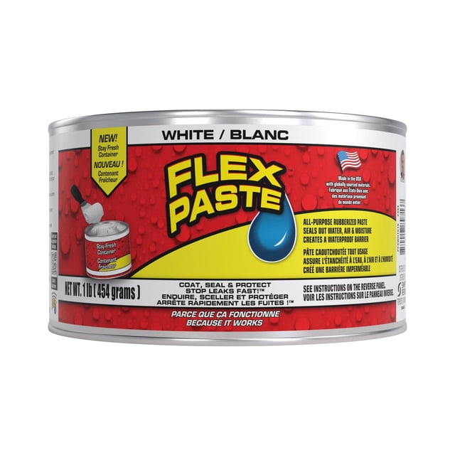 FLEX PASTE WHITE 1 LB super thick rubber paste in a metal can with a red and yellow label featuring a blue water droplet logo, designed to coat, seal, and protect surfaces by creating a waterproof barrier against water, air, and moisture. The label includes bilingual English and French text, net weight 1 lb (454 grams), and a USA flag indicating it is made in the USA.