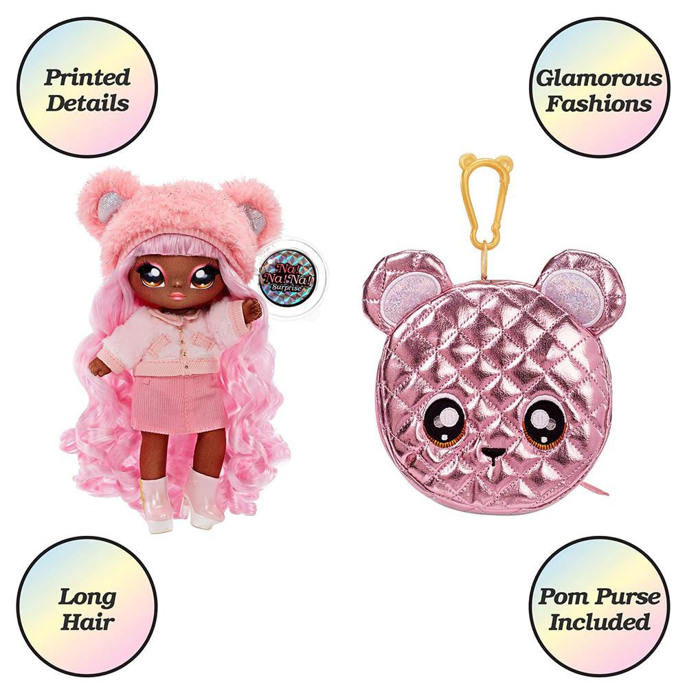 Poupée-mannequin Na Na Na Surprise 2 en 1 et sac à main métallique de la série Glam - Cali Grizzly, poupée aux cheveux roses avec un sac à main ourson rose