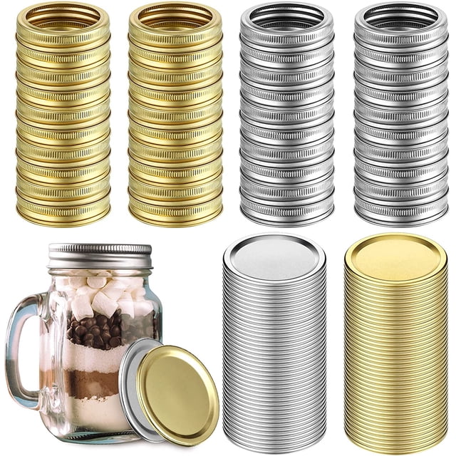 100 Pieces Canning Jar Lids and Bands Set Split-type Lids Seals Rings Leak Proof (70 mm, Gold and Silver)